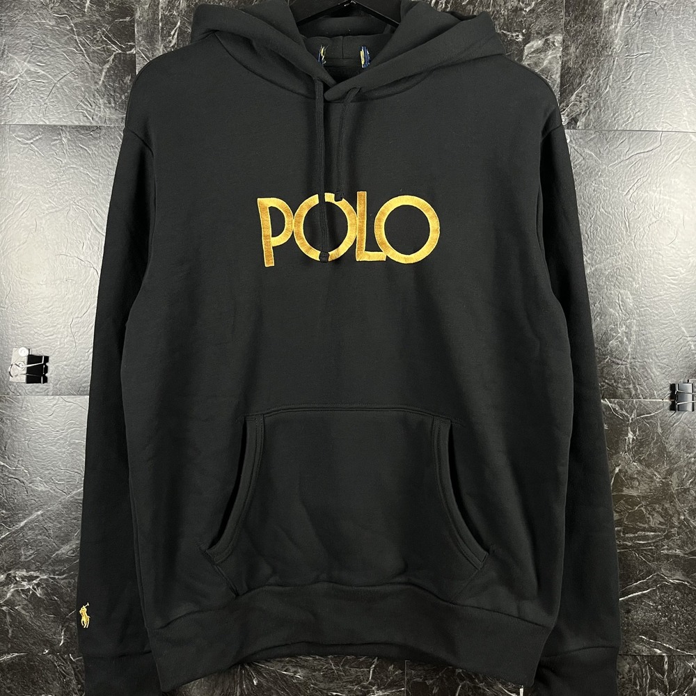 Polo Ralph Lauren Men's Black Plaid Logo Fleece Hoodie Fits Medium